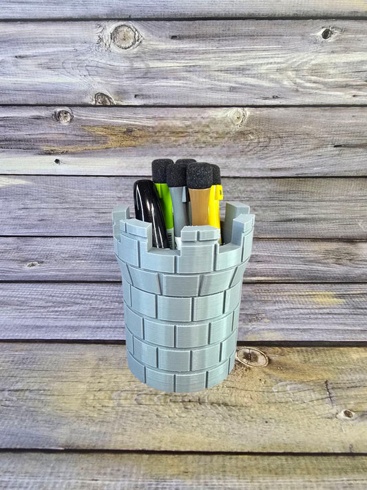3D Printed Castle Tower Pen Holder – Medieval Desk Organizer for Office, School, or Art Supplies